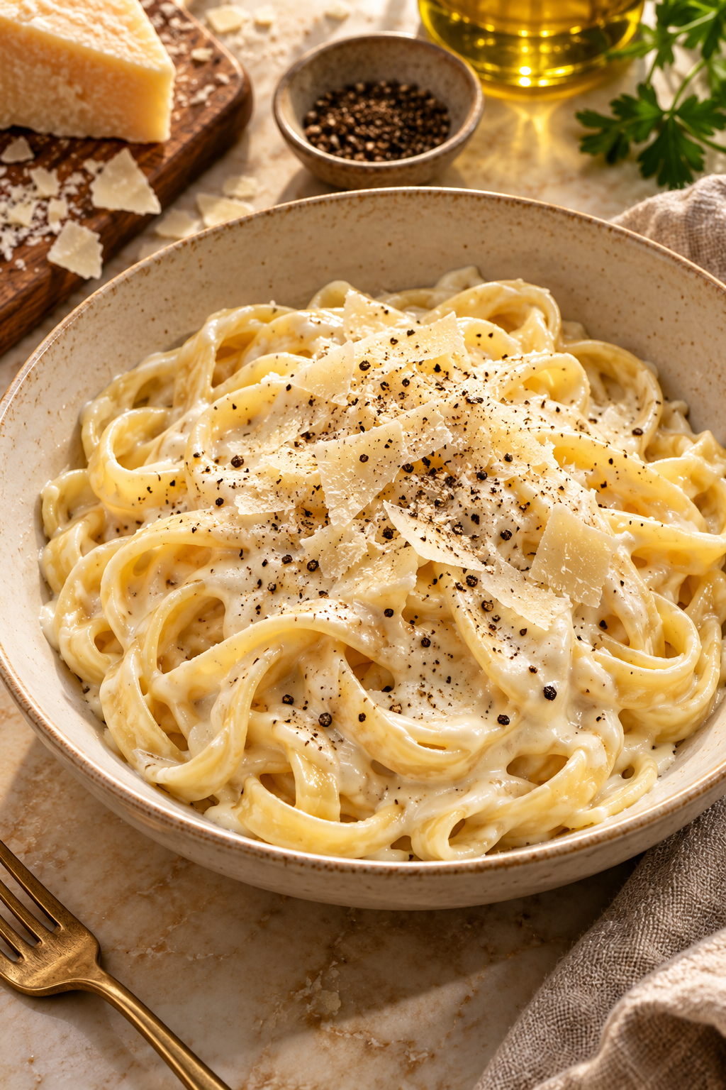 Homemade Alfredo sauce coating pasta