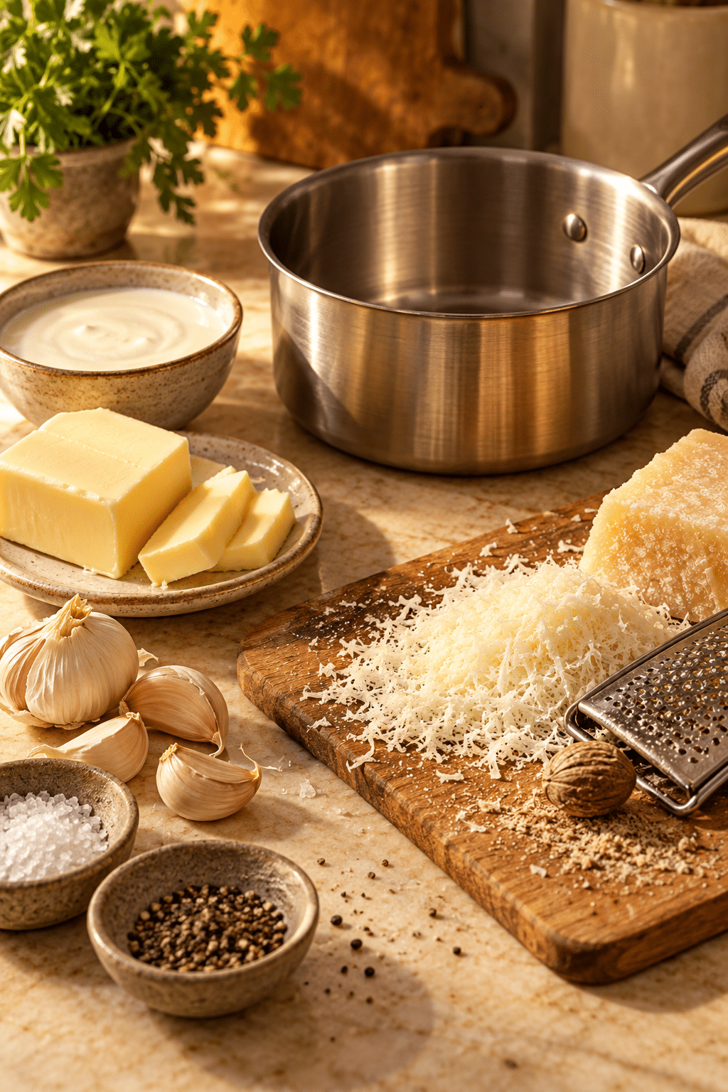 Homemade Alfredo sauce ingredients measured and arranged