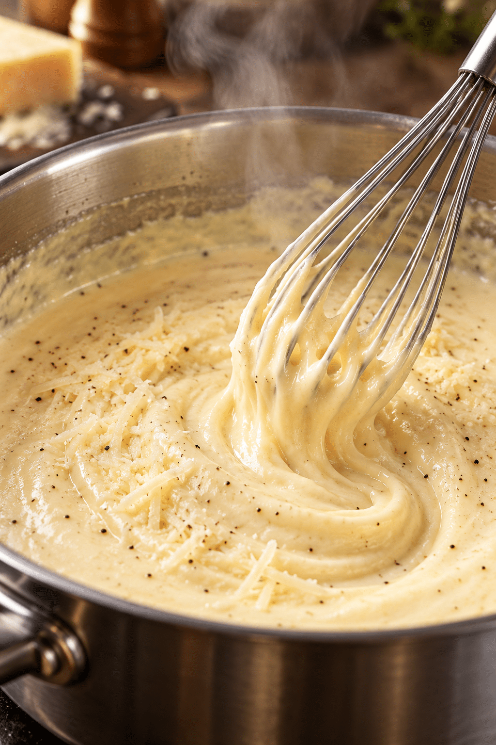 Homemade Alfredo sauce whisked in a saucepan