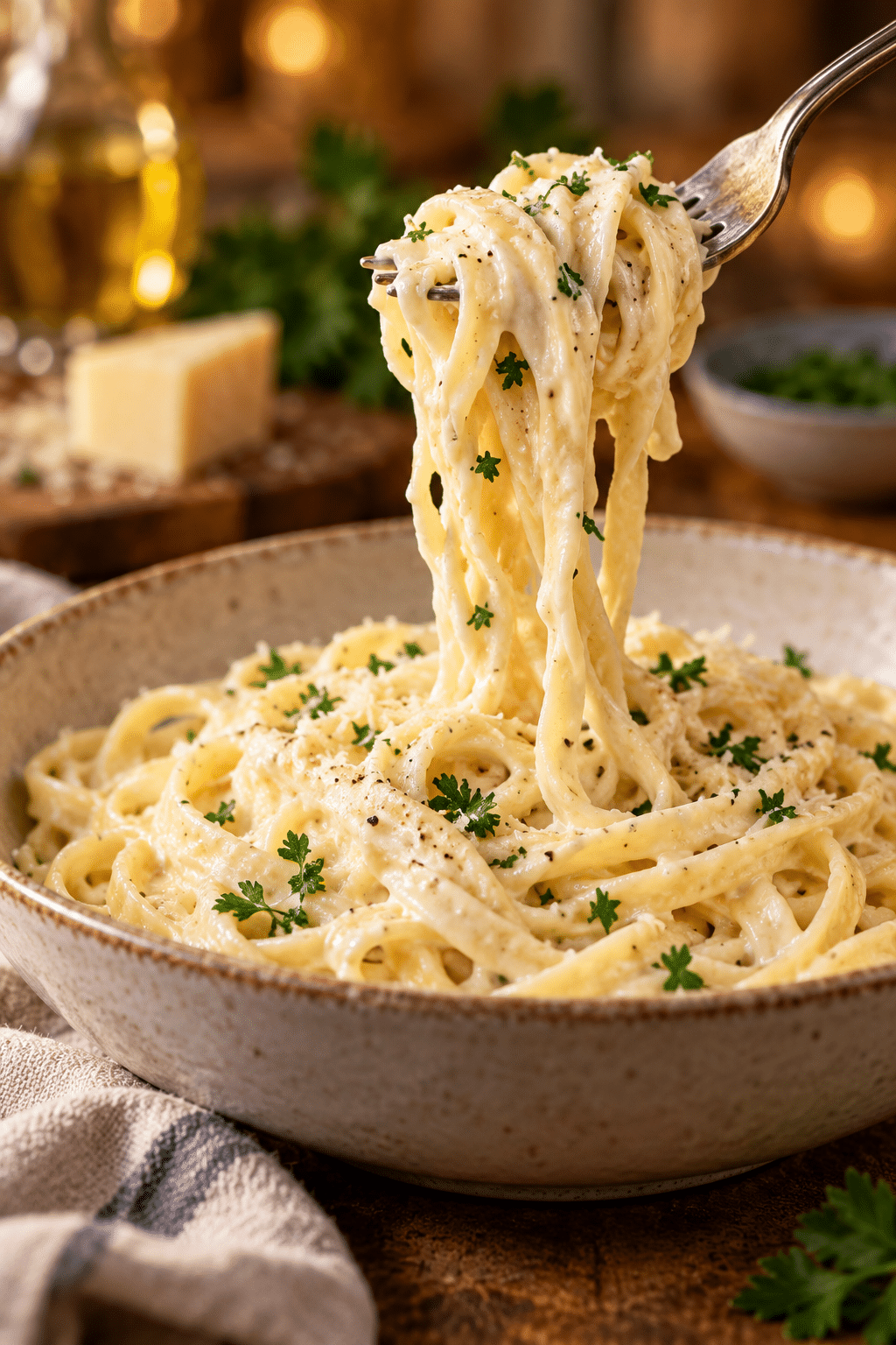 Homemade Alfredo sauce coating pasta in a serving bowl