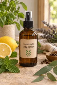 homemade bug spray in a labeled spray bottle