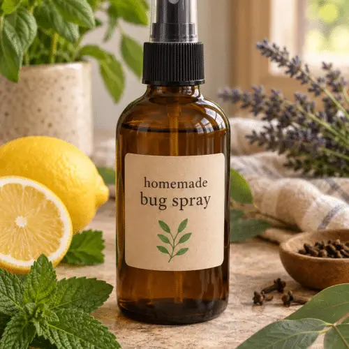 homemade bug spray in a labeled spray bottle