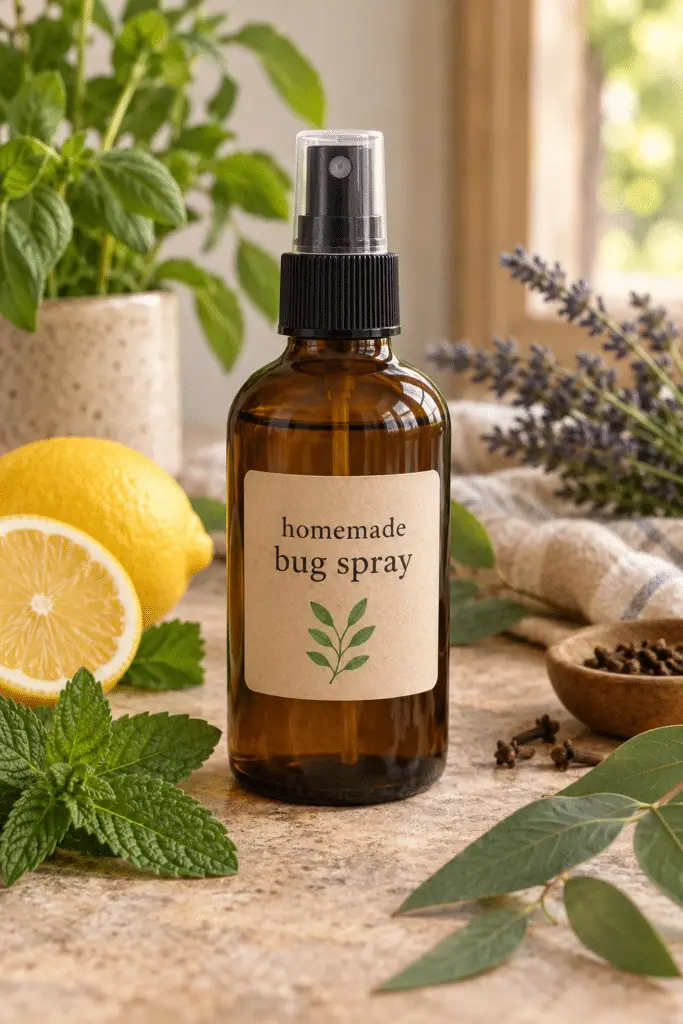 homemade bug spray in a labeled spray bottle