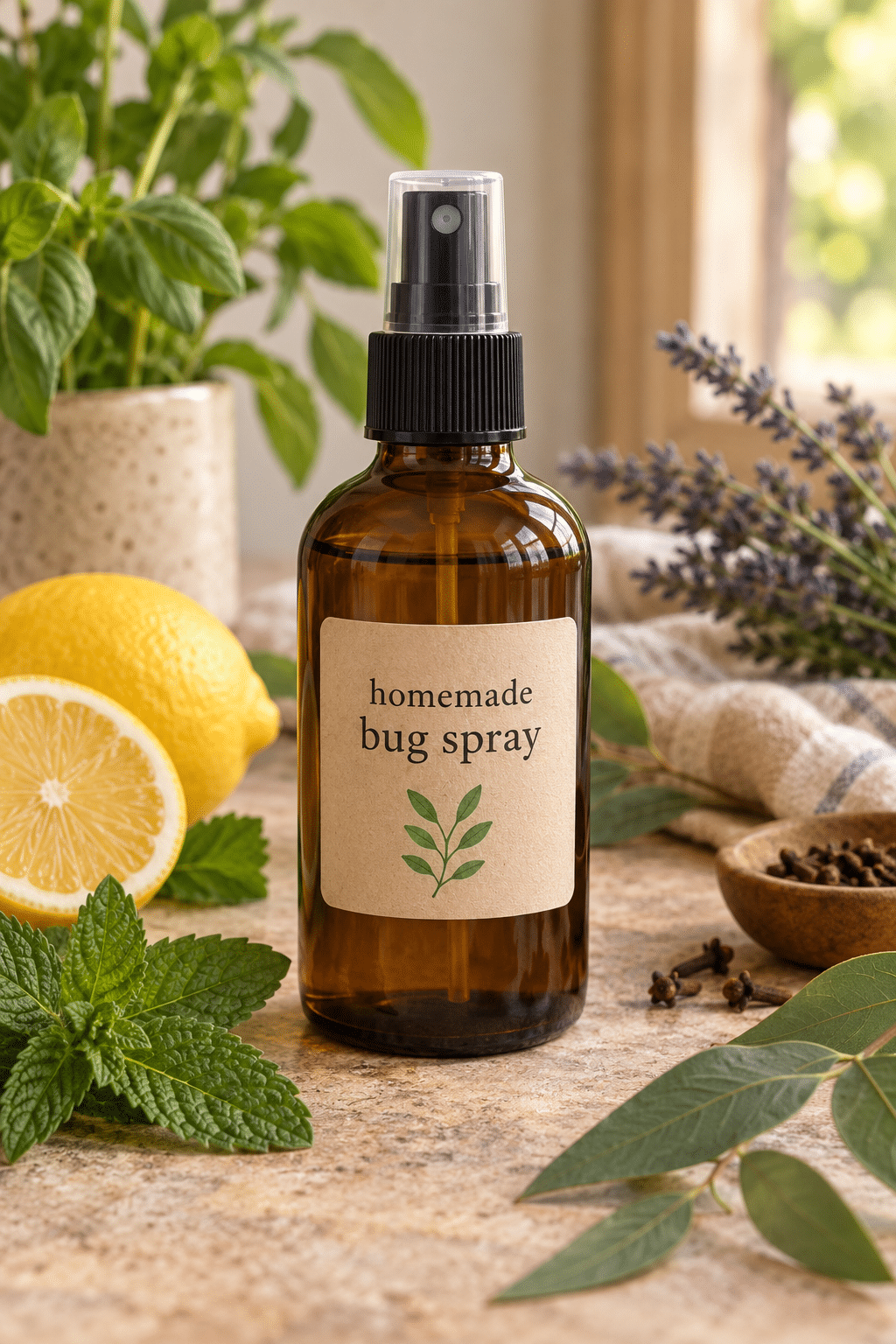 homemade bug spray in a labeled spray bottle