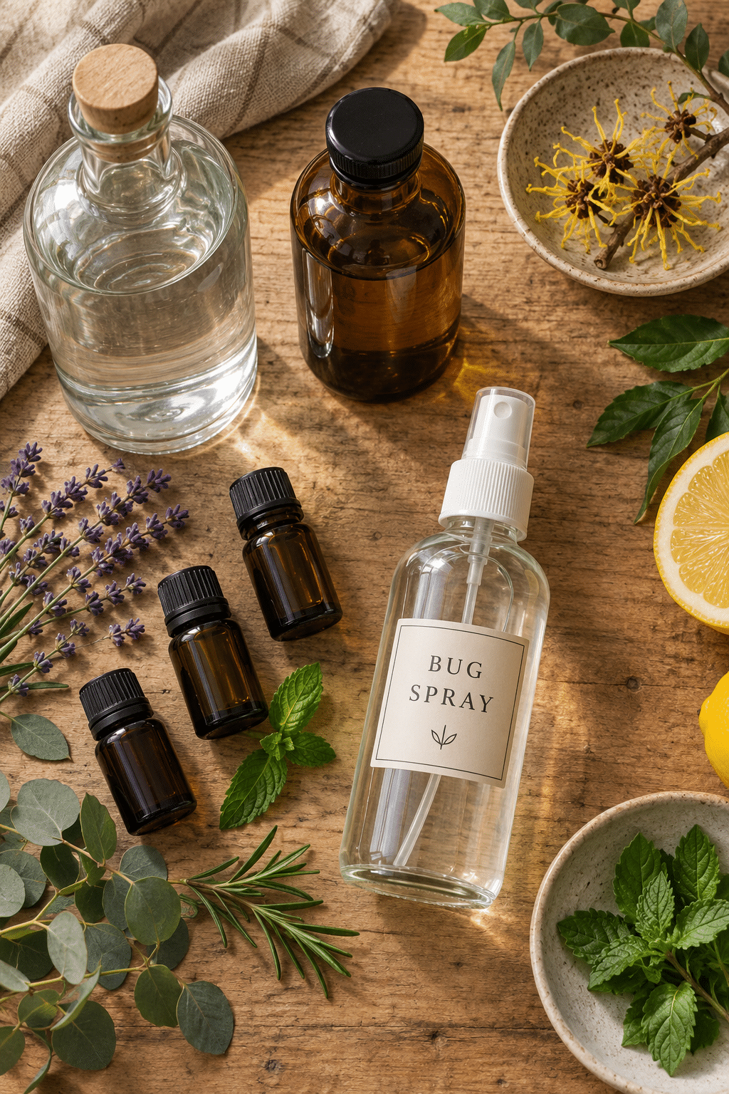 homemade bug spray ingredients arranged on a counter