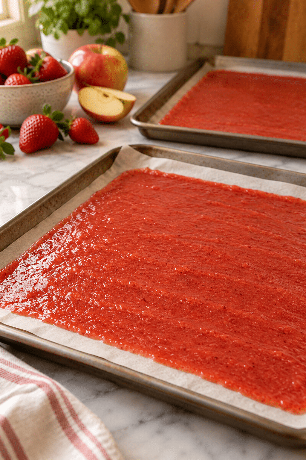 smooth fruit puree spread on parchment for fruit roll-ups