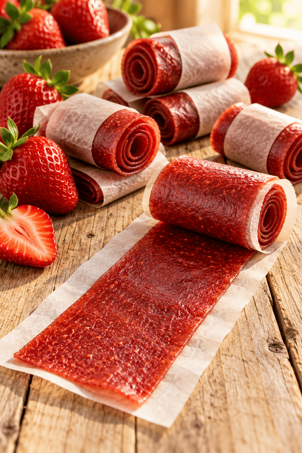 homemade strawberry fruit roll-ups rolled in parchment