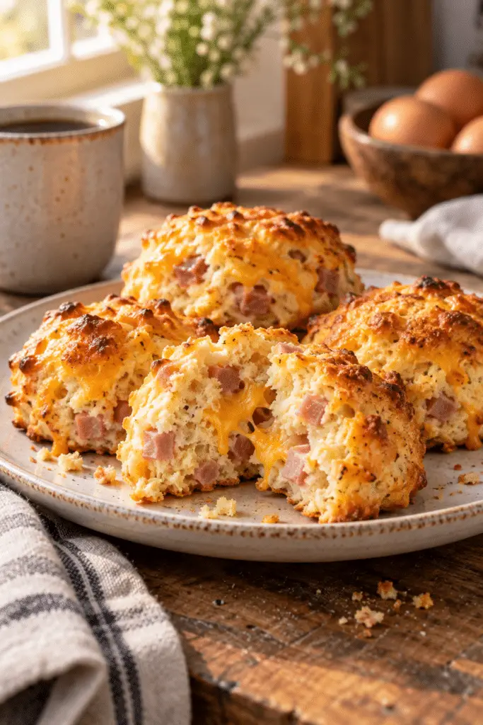 Keto ham and cheese breakfast biscuits on a plate