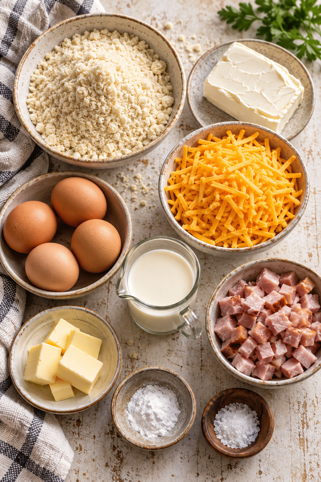 Keto ham and cheese breakfast biscuits ingredients arranged on a counter