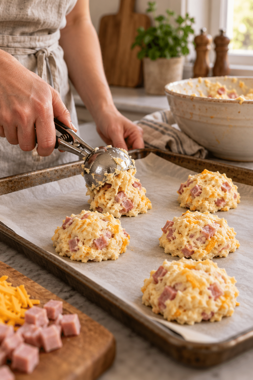 Keto ham and cheese breakfast biscuits dough being portioned