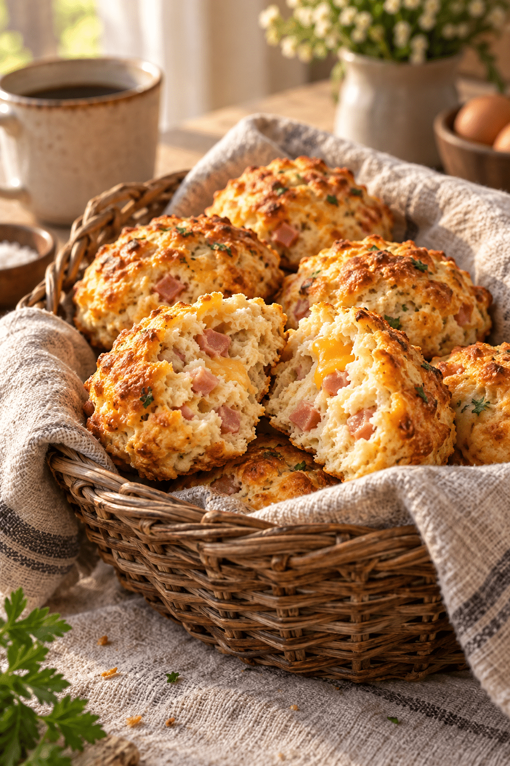 Baked keto ham and cheese breakfast biscuits ready to serve