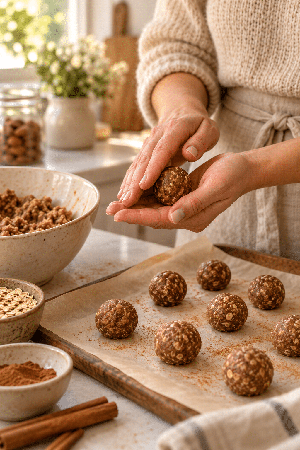 keto protein balls mixture being rolled