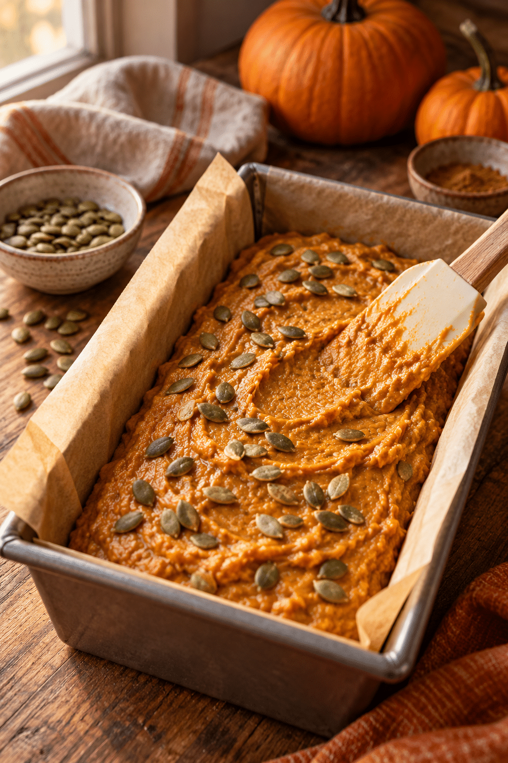 Keto pumpkin bread batter in a loaf pan