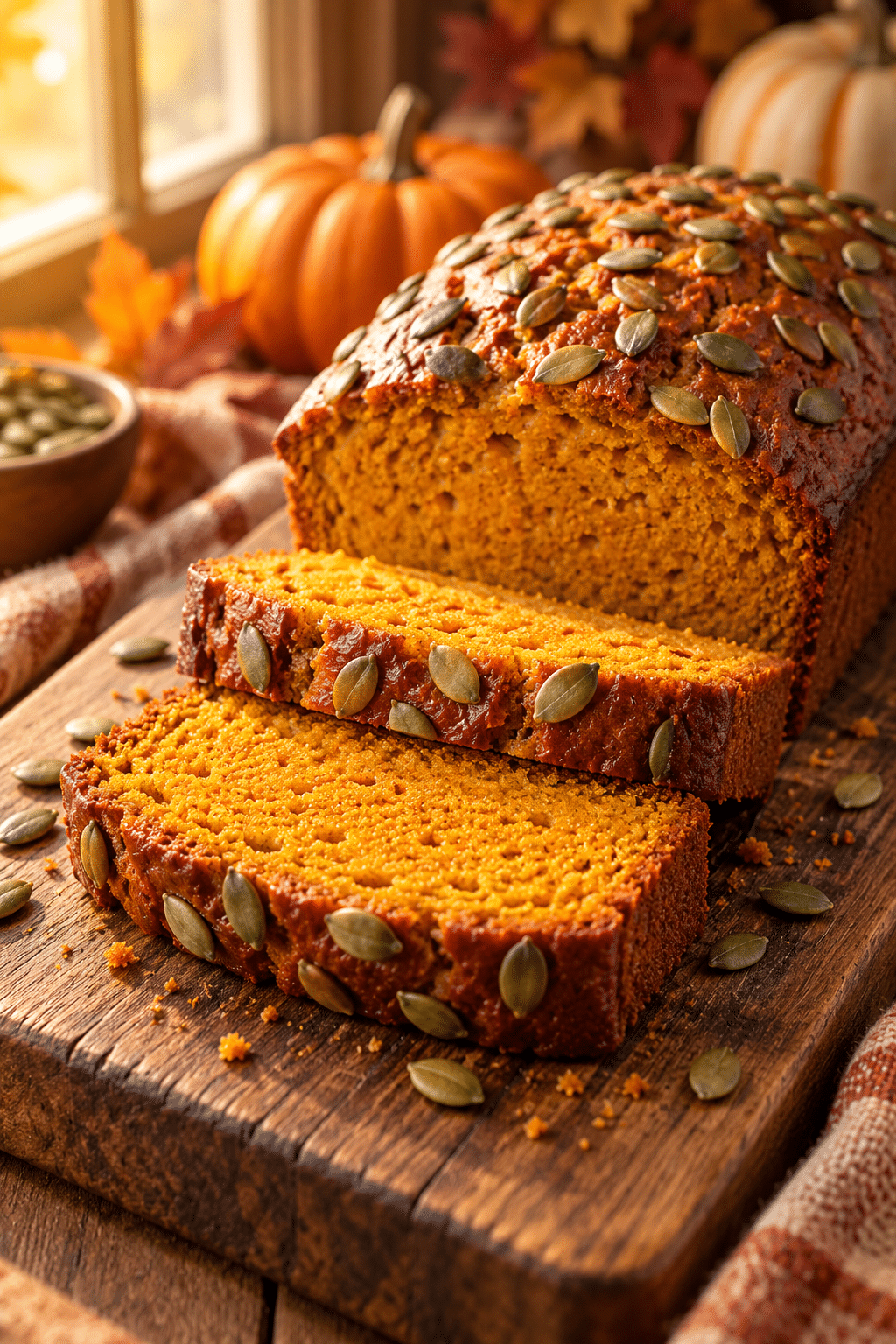 Sliced keto pumpkin bread with pumpkin seeds