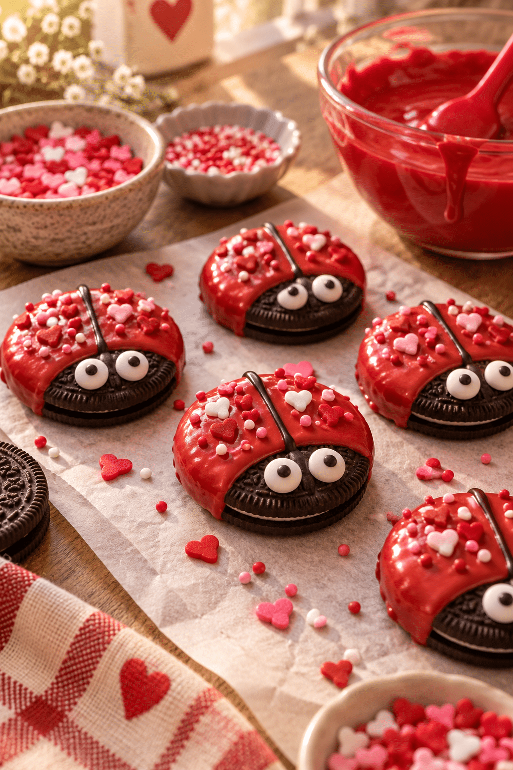 Decorating love bug Oreo cookies