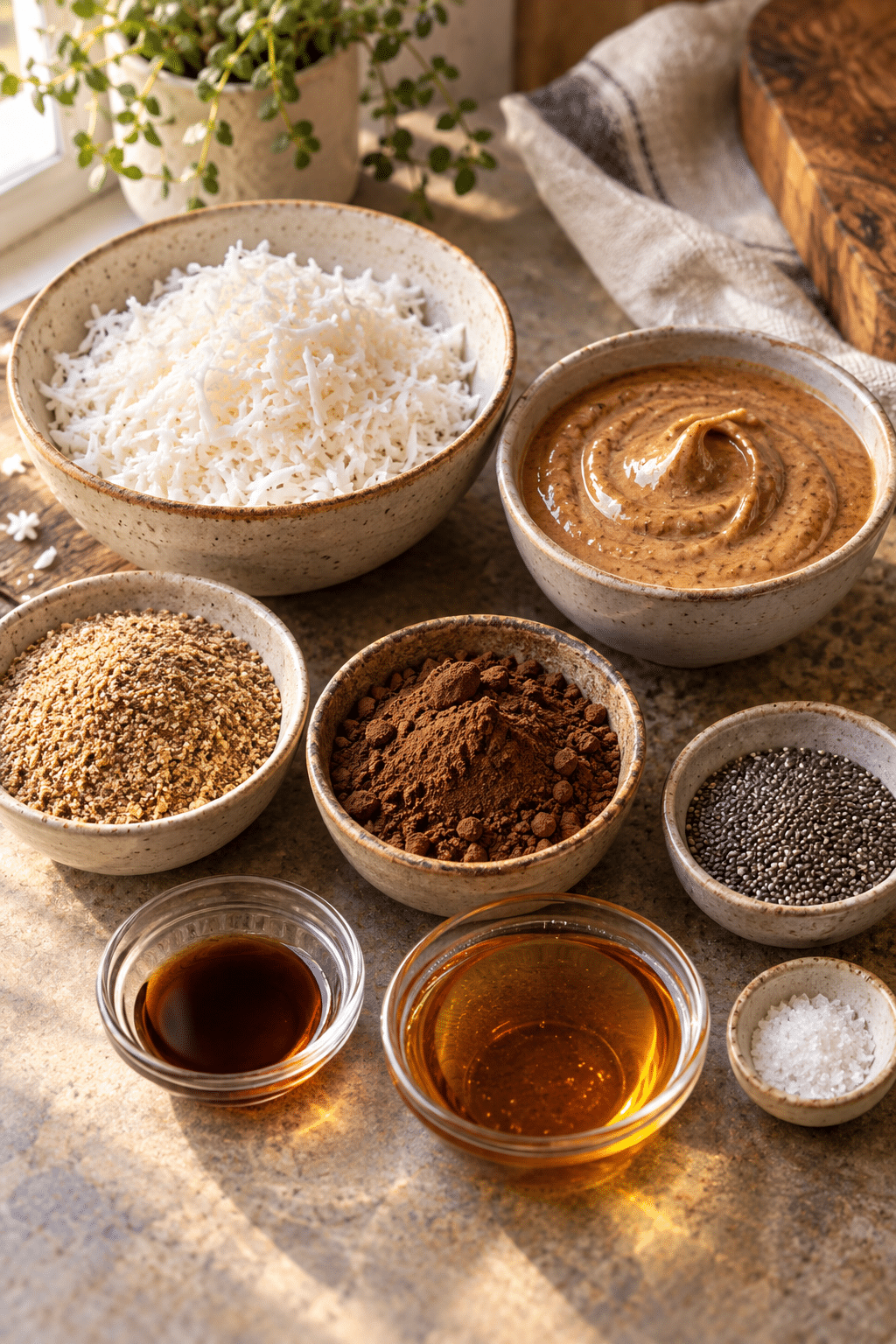 Ingredients for low carb keto snacks with coconut, almond butter, cocoa, and chia