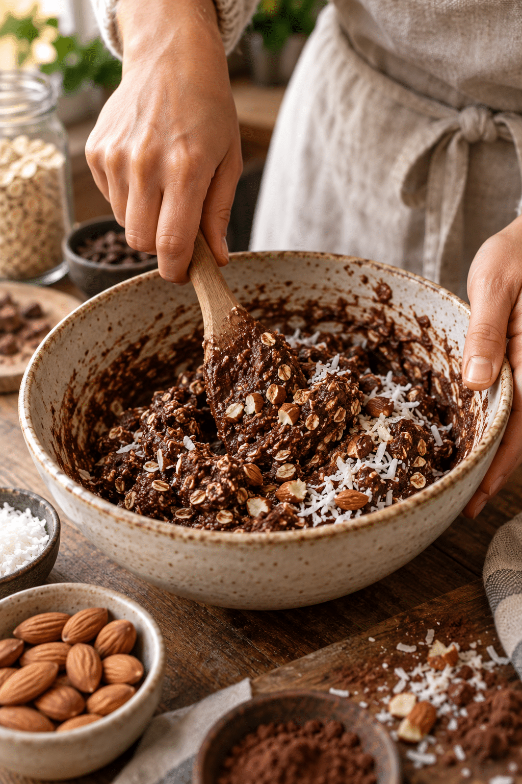 Mixing the low carb keto snack bite mixture in a bowl