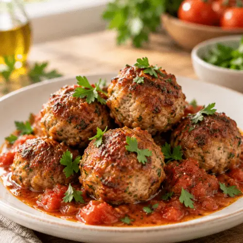 Low carb meatballs browned and ready to serve