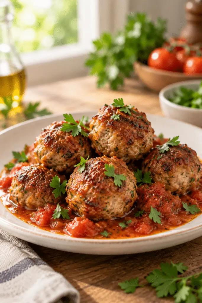 Low carb meatballs browned and ready to serve