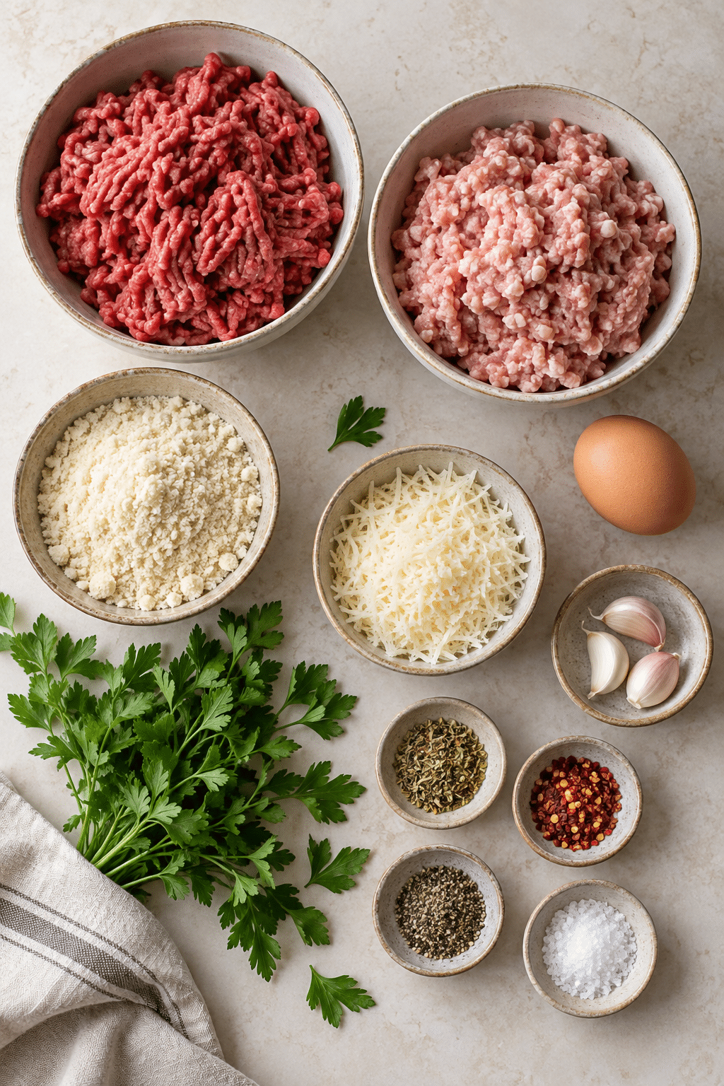 Low carb meatballs ingredients measured and arranged