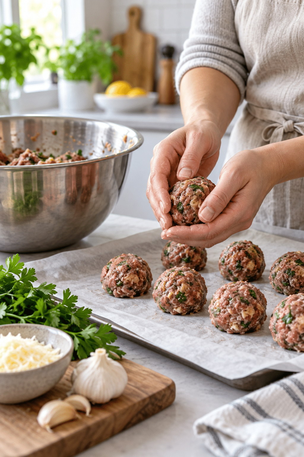 Low carb meatballs being shaped before baking
