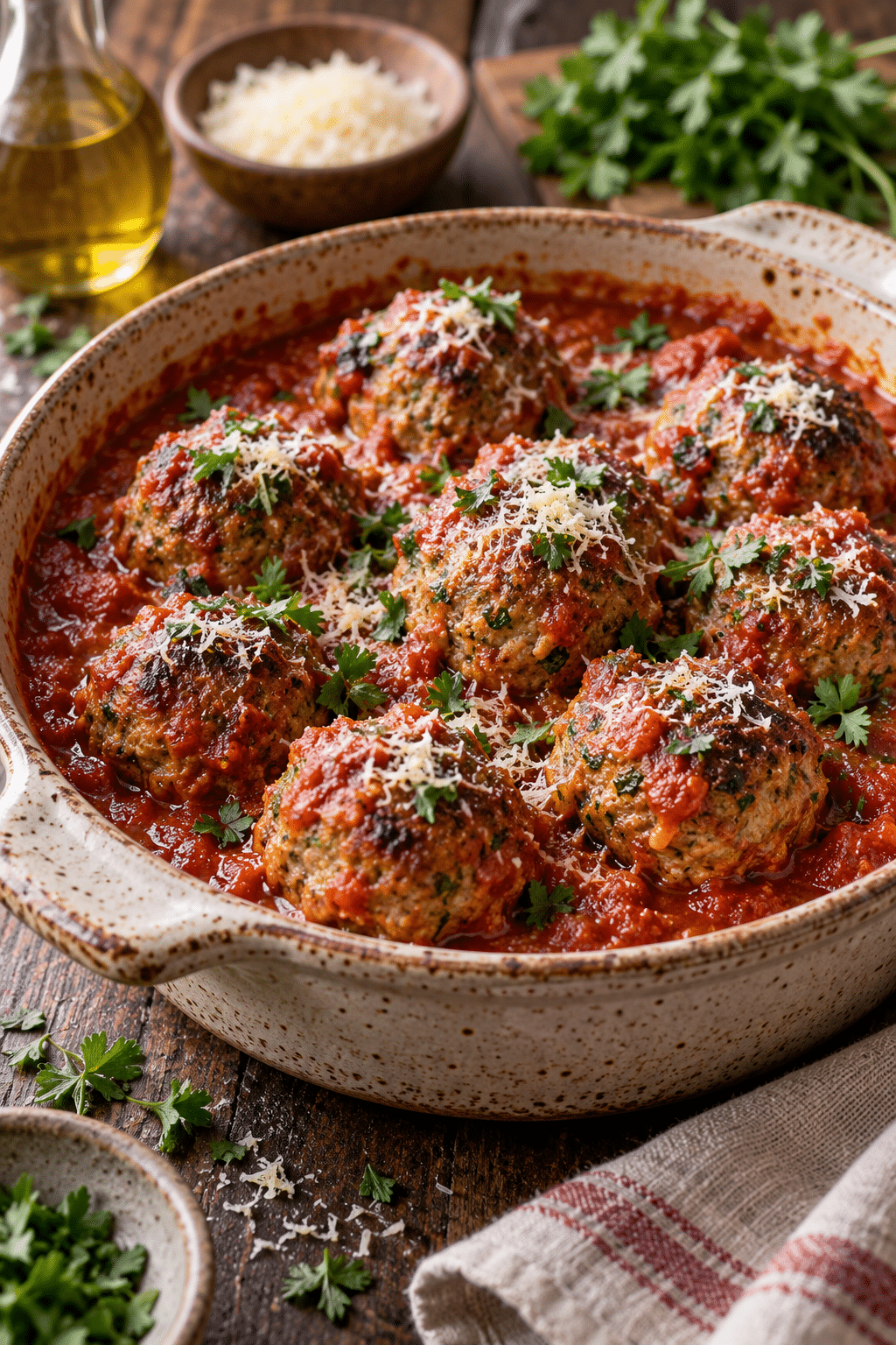 Low carb meatballs served with sauce and herbs