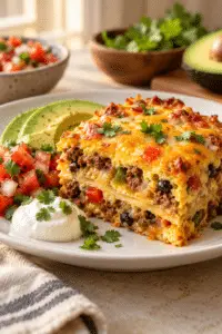 Mexican breakfast casserole with sausage, peppers, beans, and melted cheese