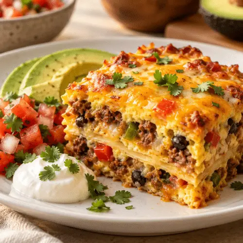 Mexican breakfast casserole with sausage, peppers, beans, and melted cheese
