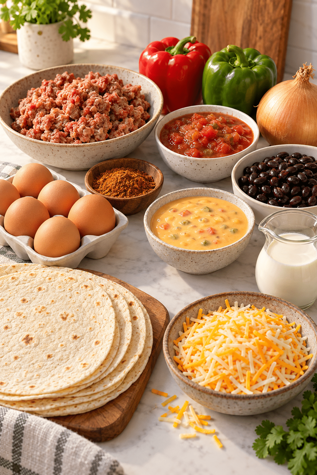Mexican breakfast casserole ingredients measured and arranged