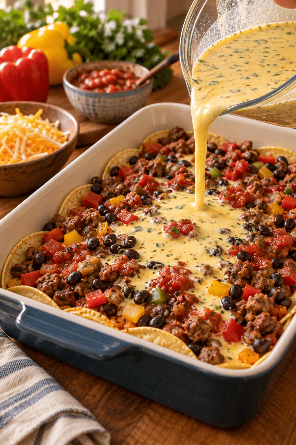 Mexican breakfast casserole being assembled in layers