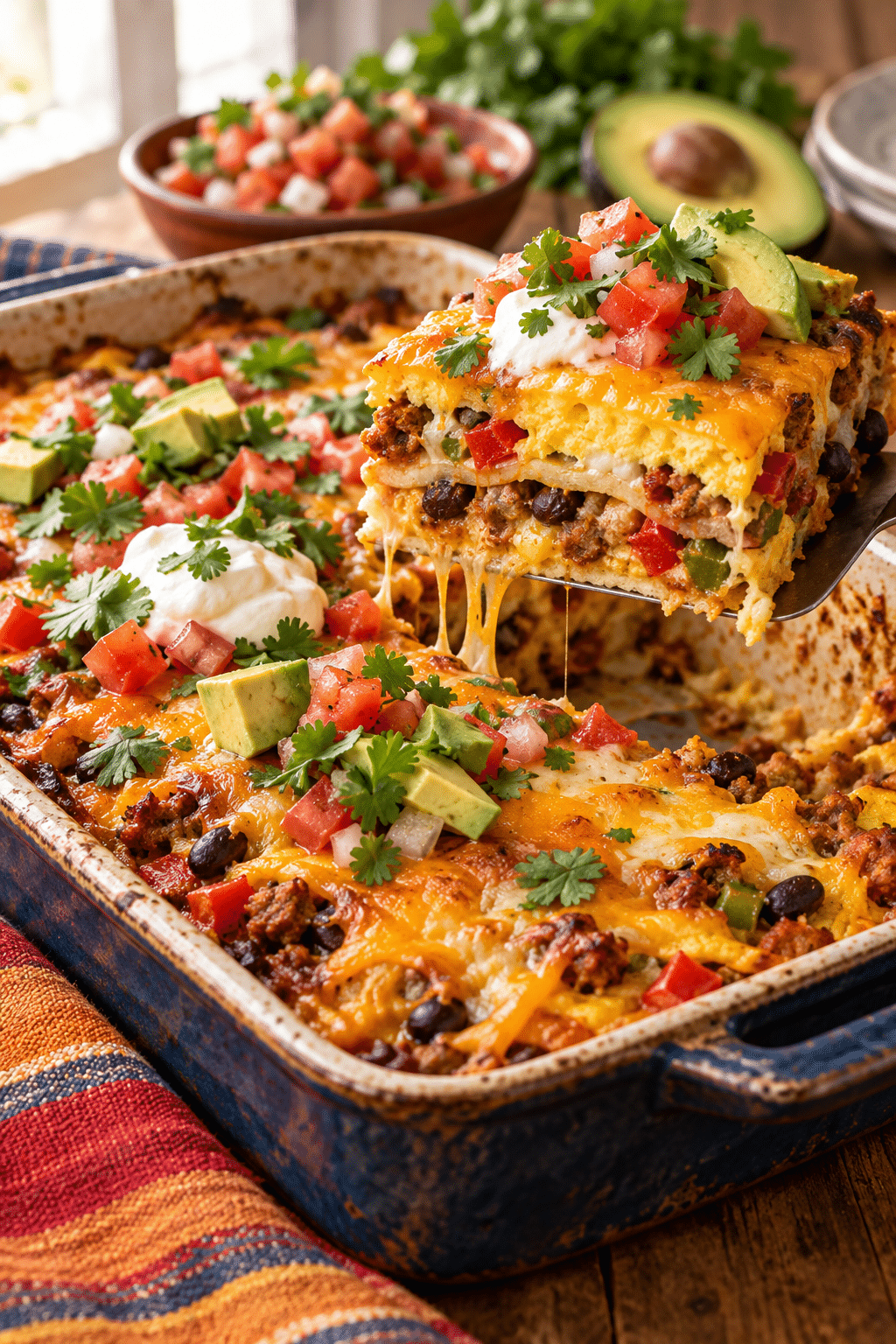 Finished Mexican breakfast casserole with sausage, peppers, beans, and melted cheese