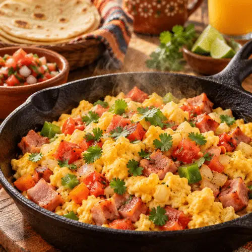 Mexican-style ham and egg breakfast in a skillet