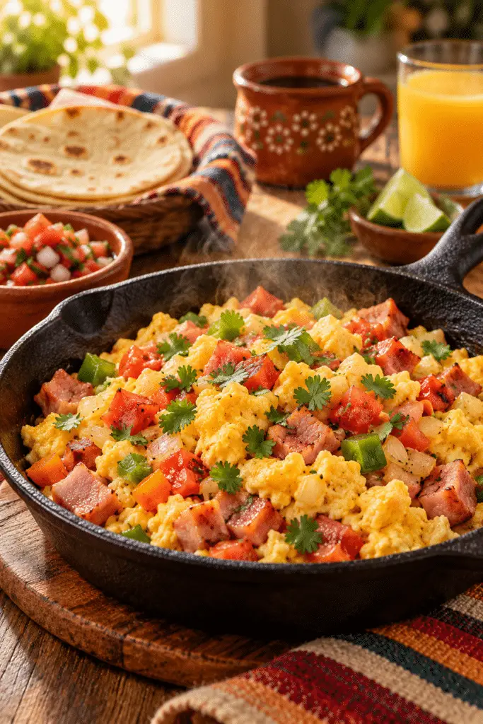 Mexican-style ham and egg breakfast in a skillet