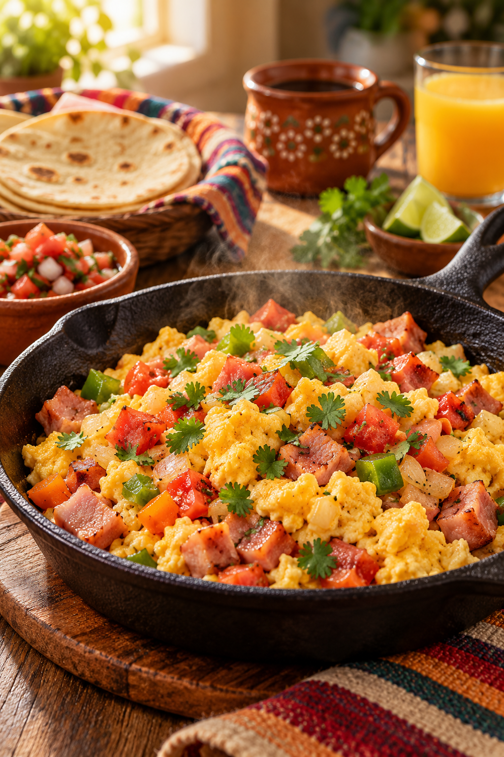 Mexican-style ham and egg breakfast in a skillet