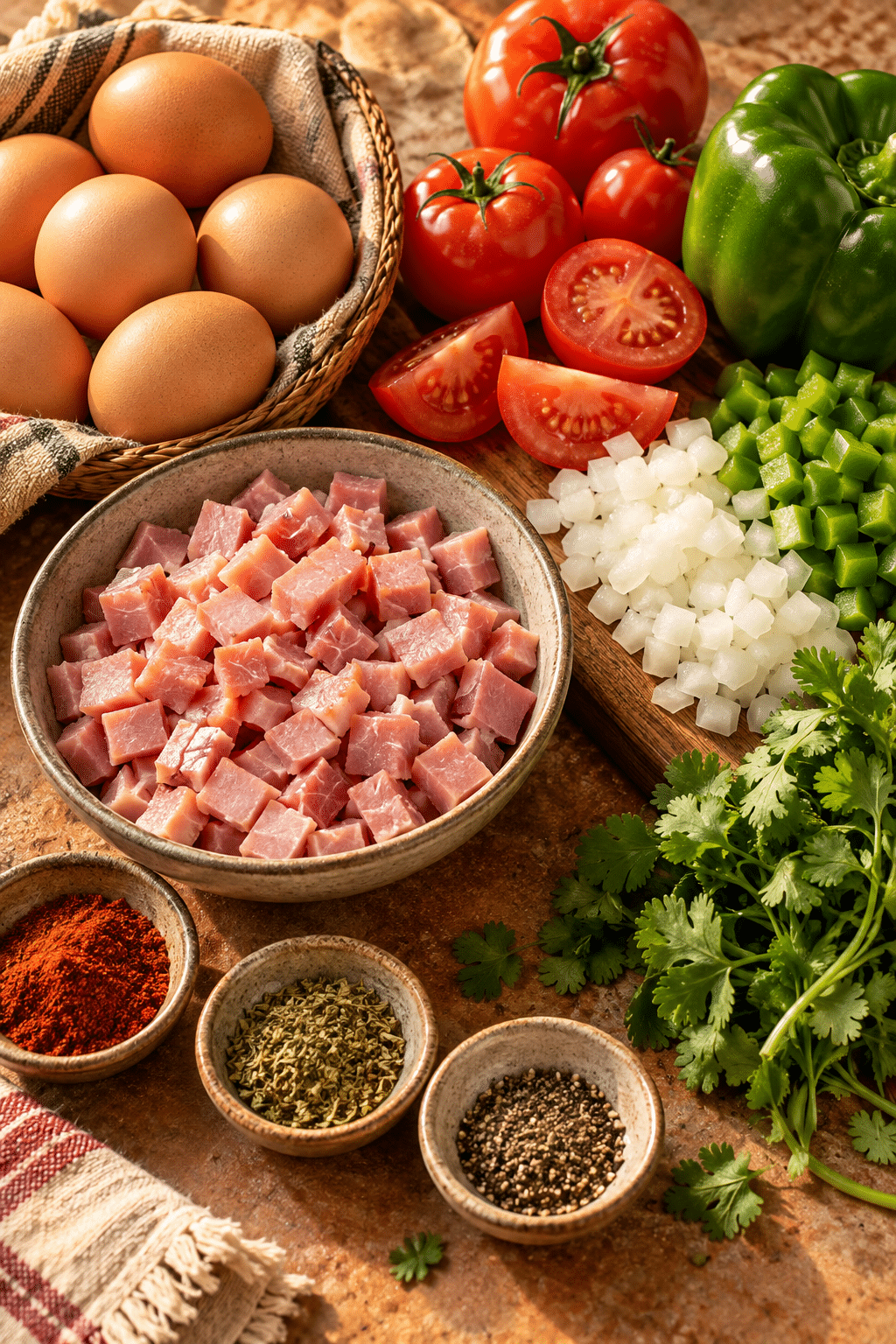 Ingredients for Mexican-style ham and egg breakfast arranged for baking