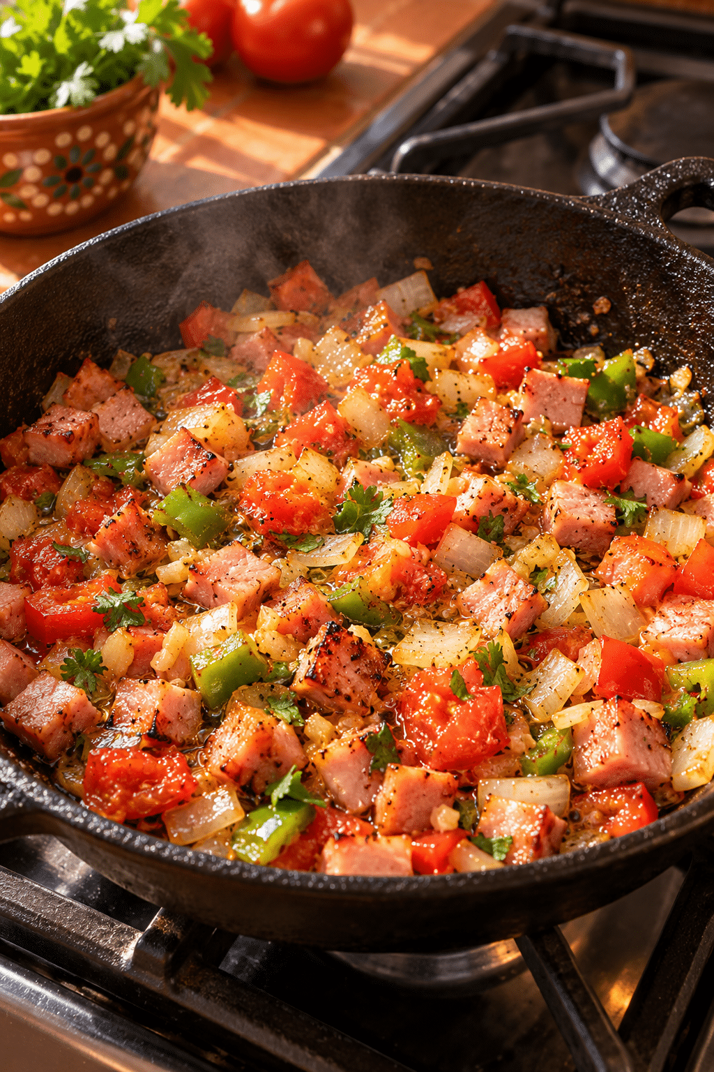 Mexican-Style Ham and Egg Breakfast batter being layered over fruit and marshmallows
