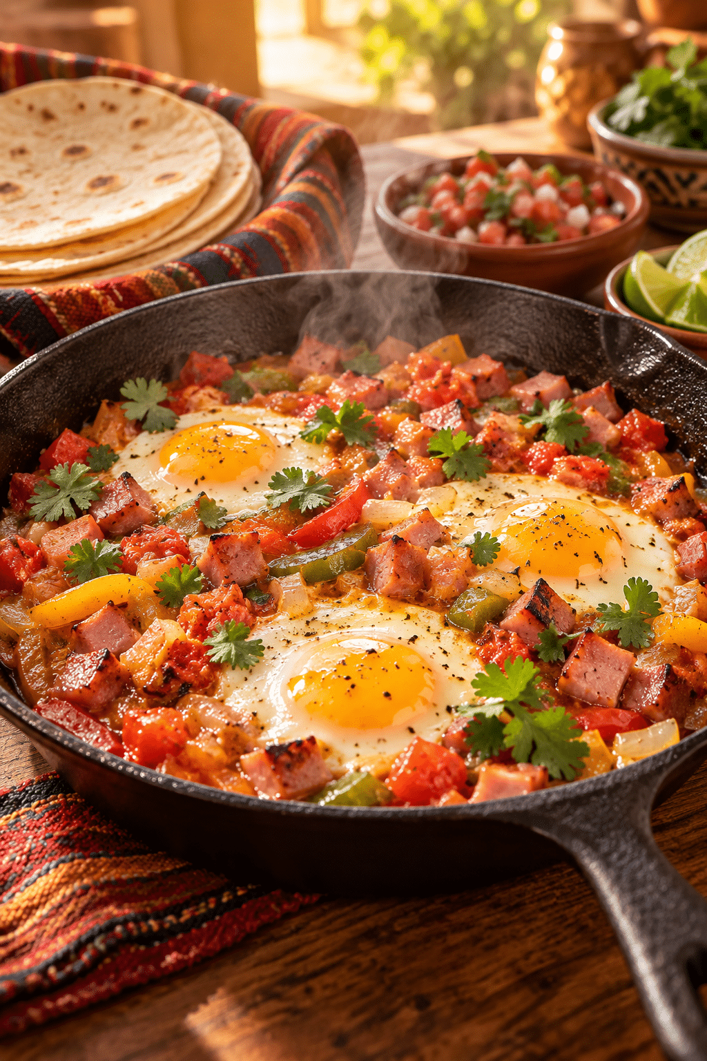 A slice of Mexican-style ham and egg breakfast showing the soft fruit topping