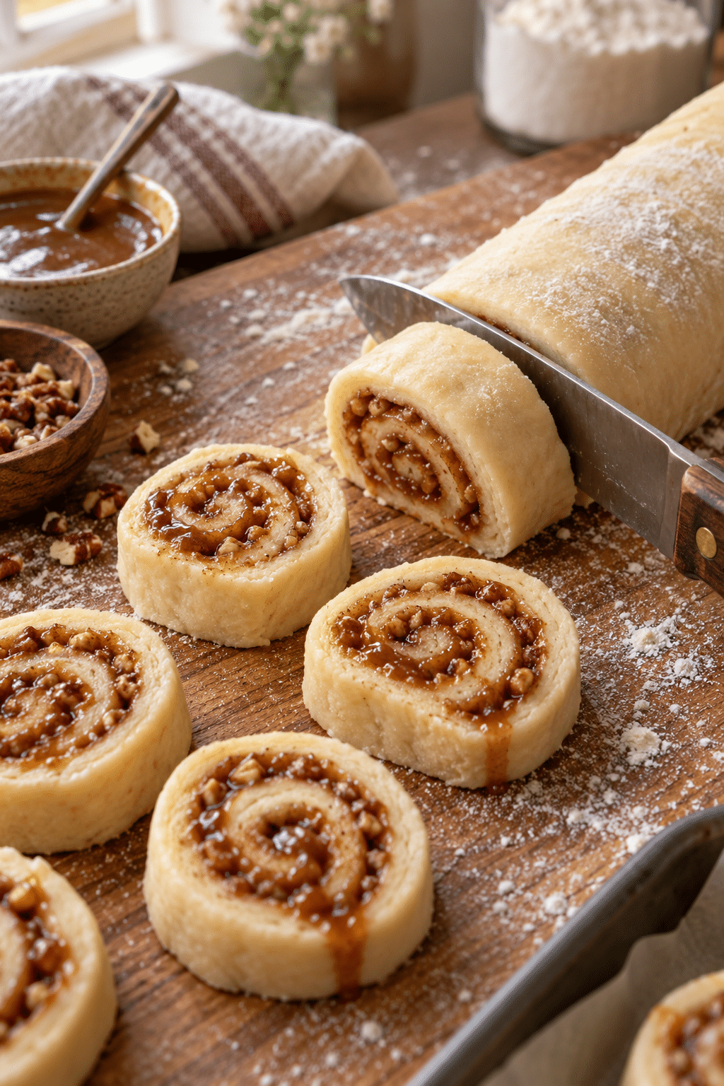 mini caramel rolls being shaped and sliced