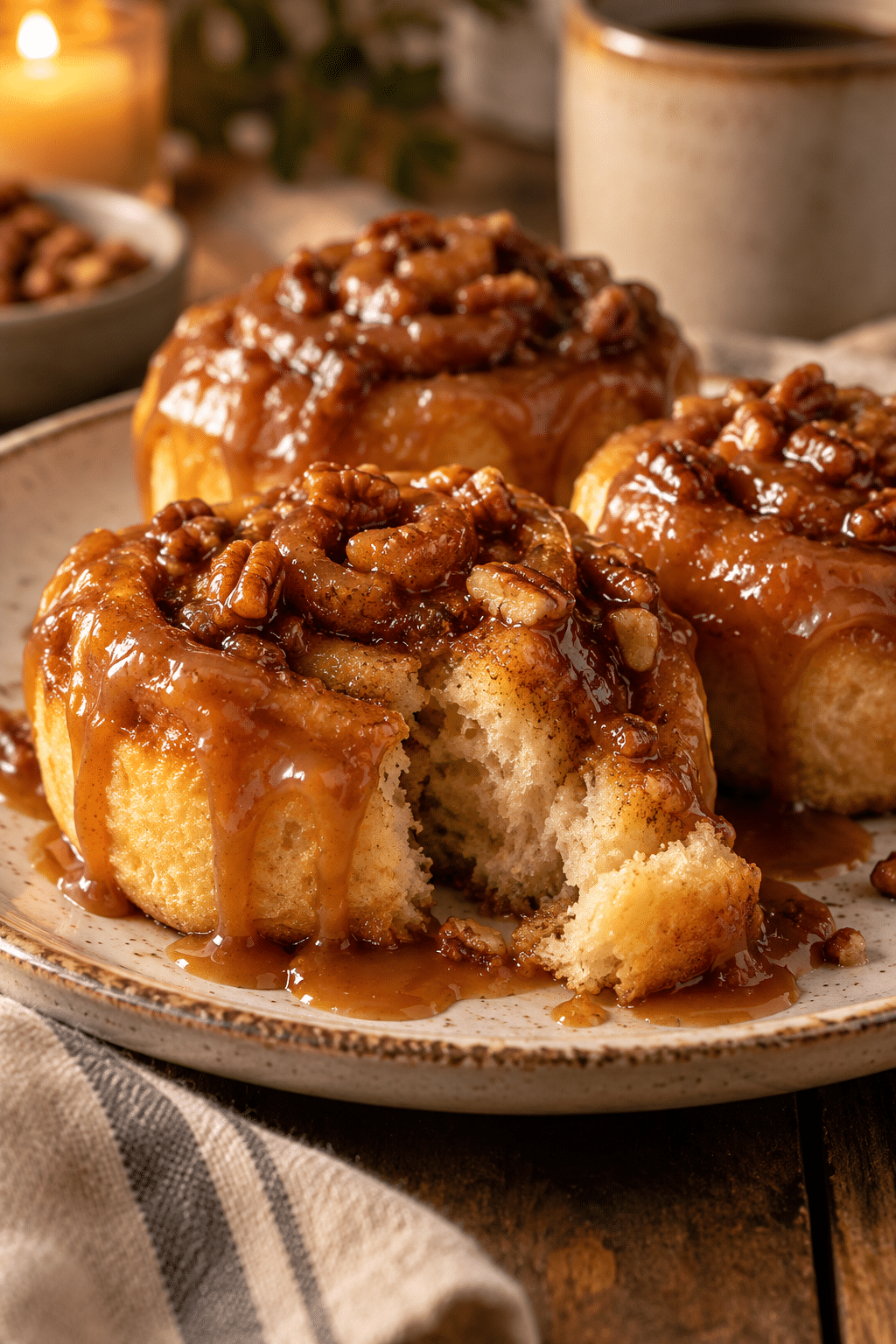 warm mini caramel rolls with glossy caramel
