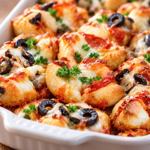 Mini pizza bites with melted mozzarella and colorful toppings