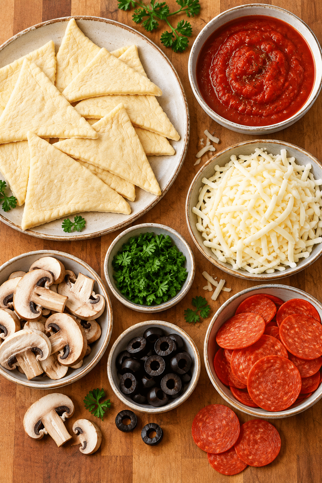 Ingredients for mini pizza bites with pizza dough and toppings