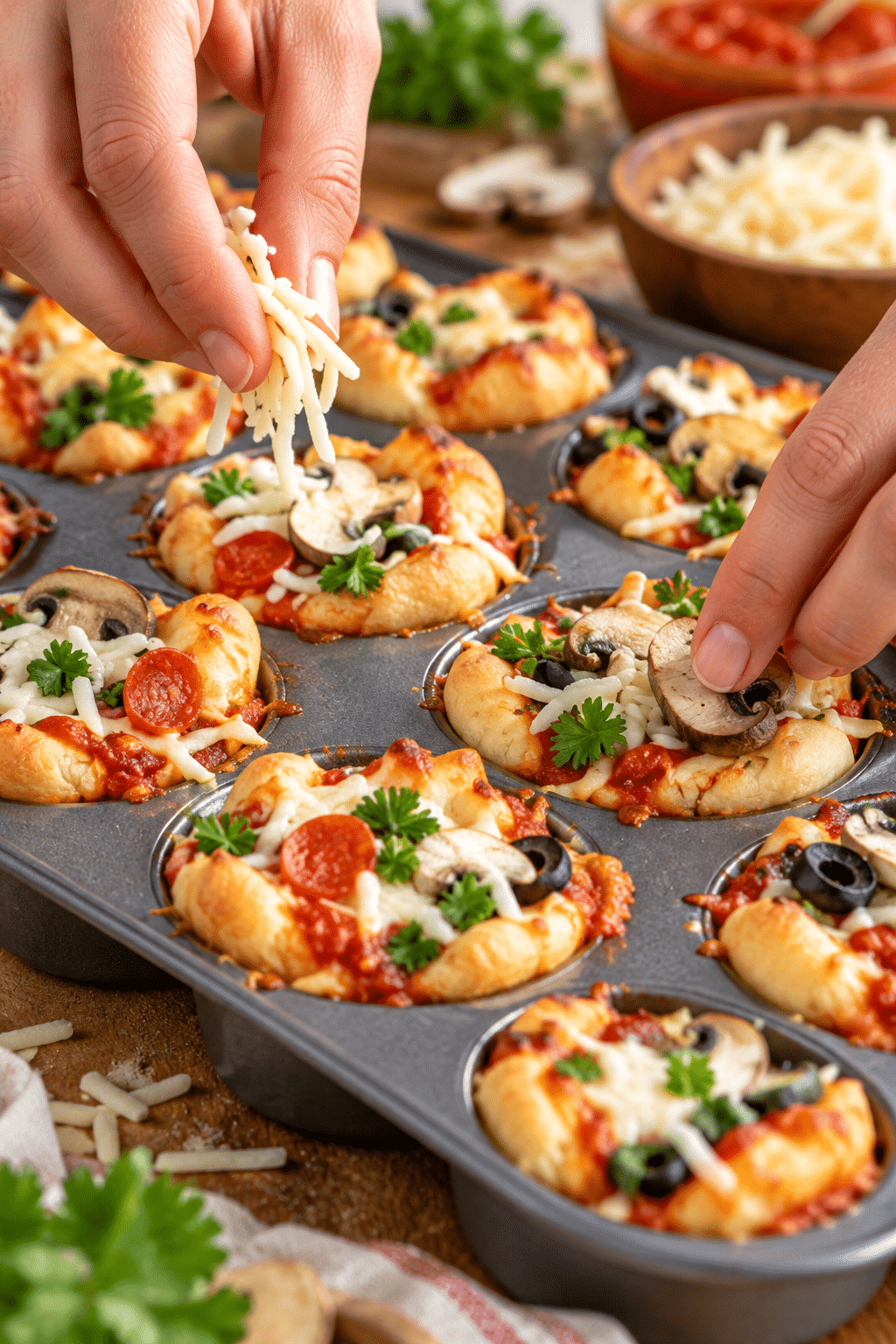 Mini pizza bites assembled in a mini muffin pan