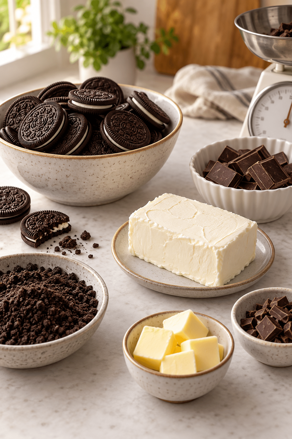 Ingredients for Oreo balls arranged on a counter