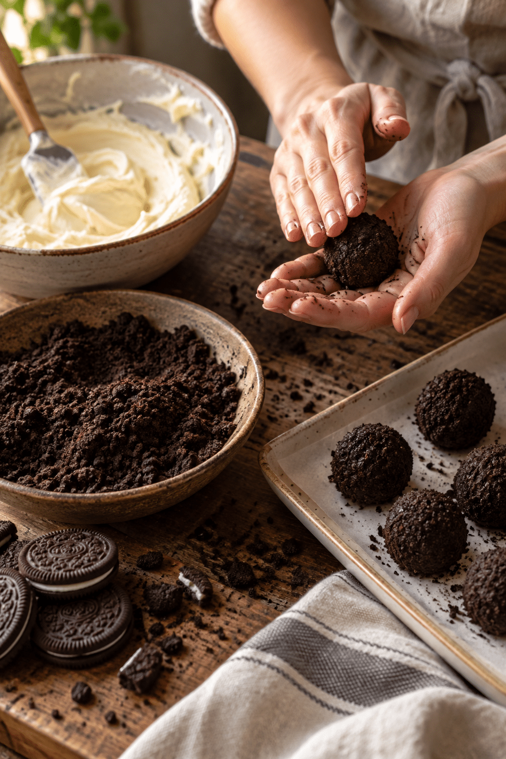 Oreo ball mixture being rolled and dipped