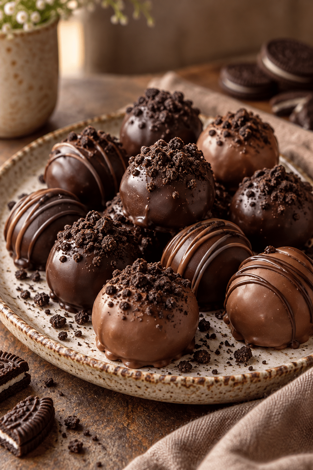 Chocolate-coated Oreo balls ready to serve
