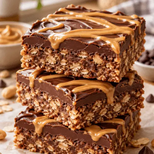 No-bake peanut butter chocolate bars stacked on a plate