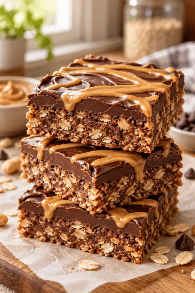 No-bake peanut butter chocolate bars stacked on a plate
