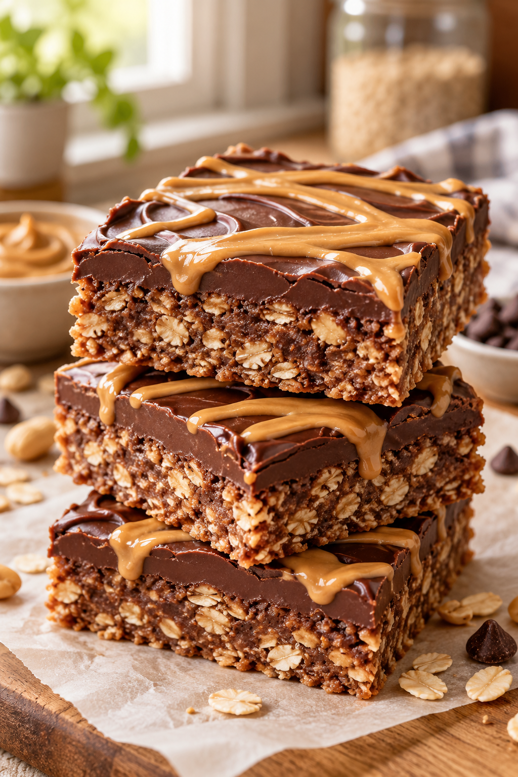No-bake peanut butter chocolate bars stacked on a plate