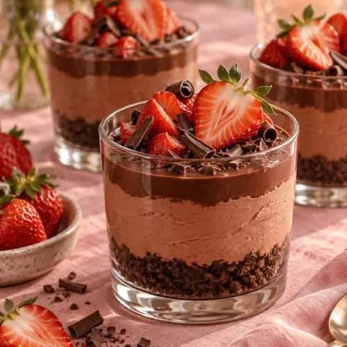 no-bake Valentine dessert cups with chocolate and strawberries