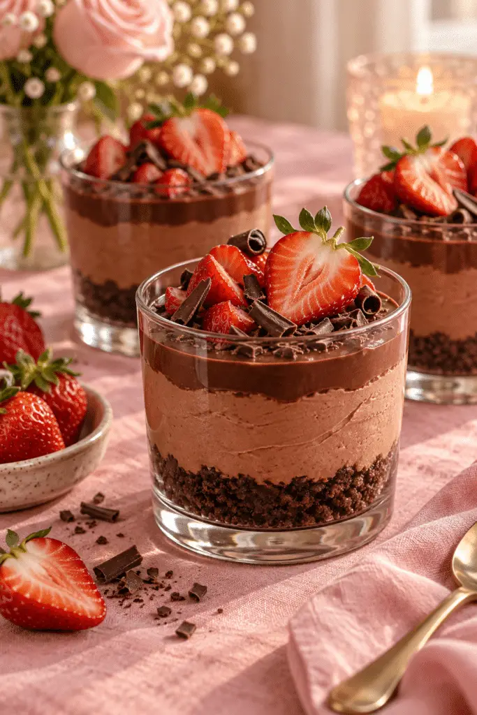 no-bake Valentine dessert cups with chocolate and strawberries